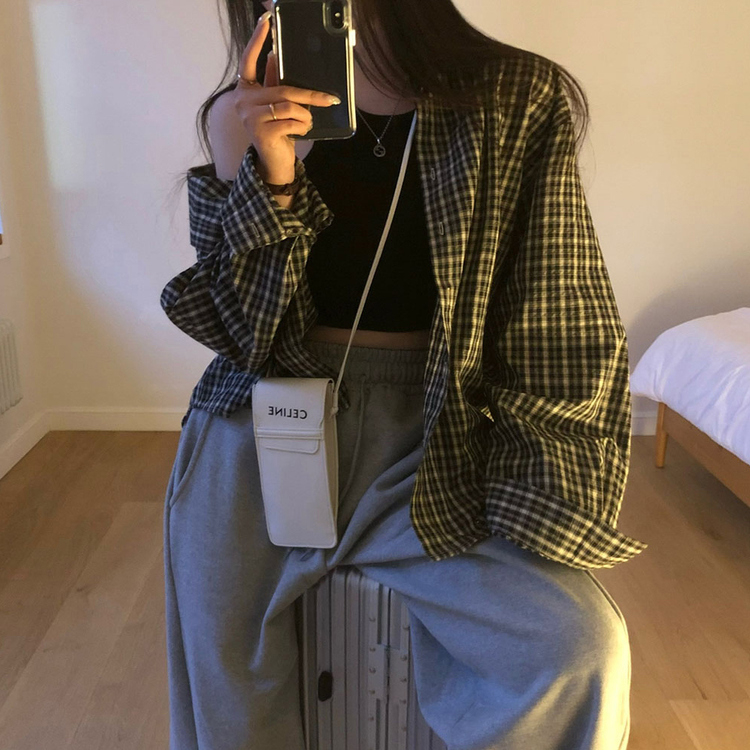 オーバーフィットポケットチェックシャツ BLACK