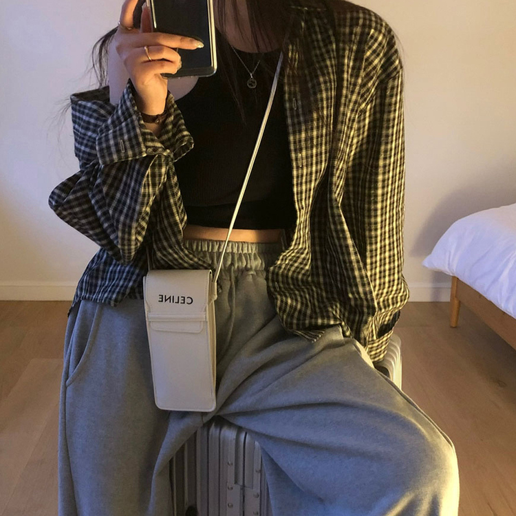 オーバーフィットポケットチェックシャツ BLACK