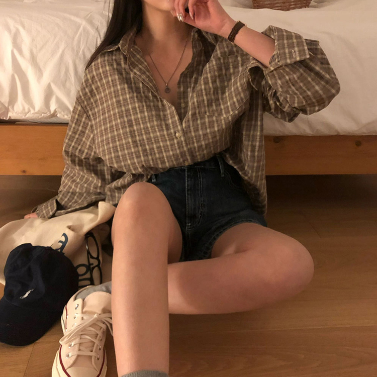 オーバーフィットポケットチェックシャツ BROWN