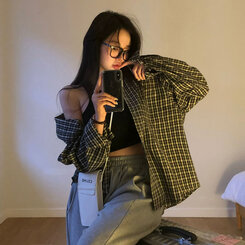 オーバーフィットポケットチェックシャツ BLACK