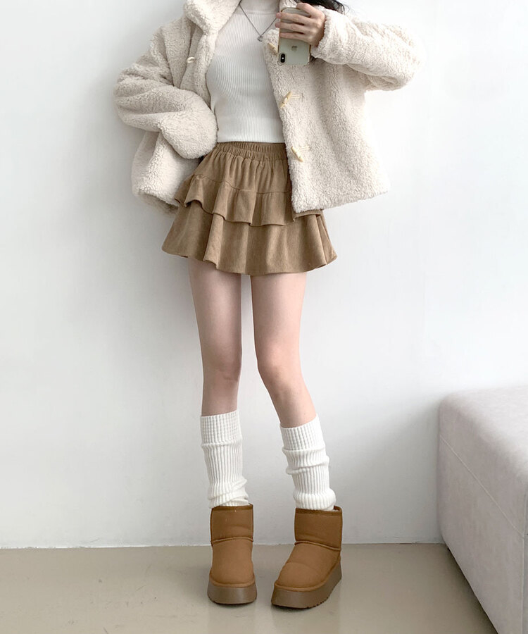 コーデュロイプリーツティアードミニスカート DARK BEIGE