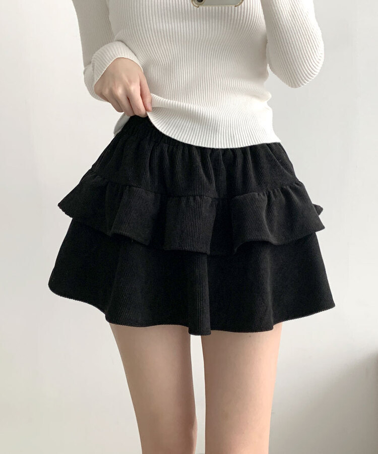 コーデュロイプリーツティアードミニスカート BLACK