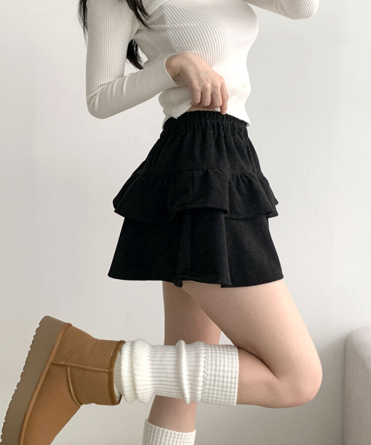 コーデュロイプリーツティアードミニスカート BLACK