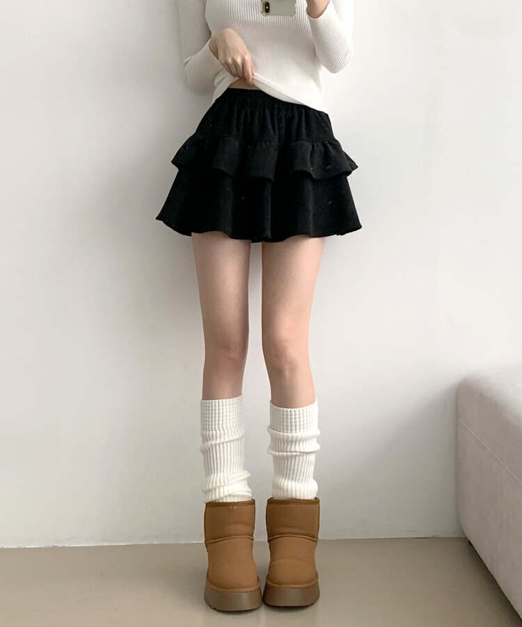 コーデュロイプリーツティアードミニスカート BLACK