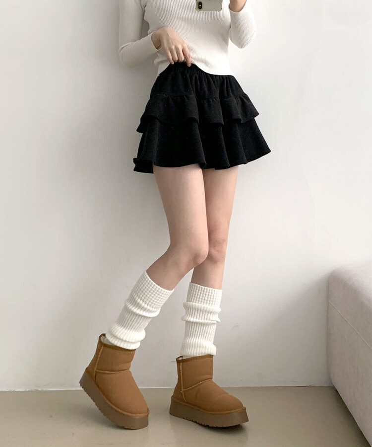 コーデュロイプリーツティアードミニスカート BLACK