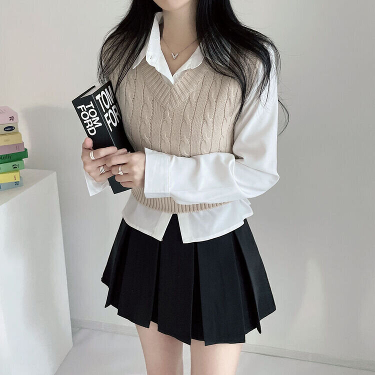 ケーブルVネッククロップミニニットベスト6色｜ベスト｜韓国