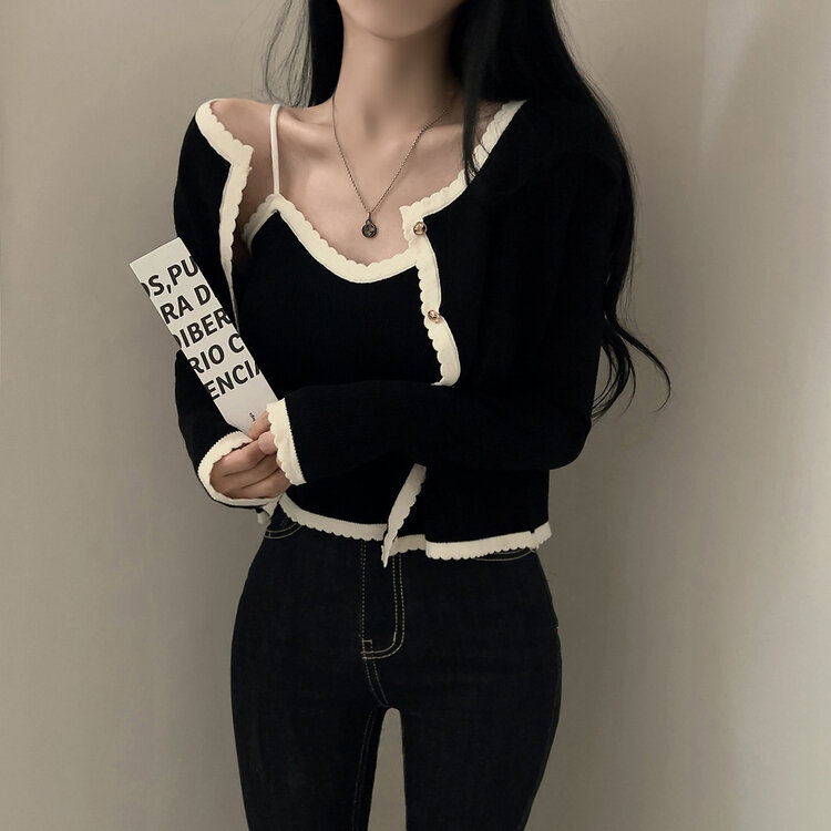 【SET着用可能】クロップキャミソール＋カーディガン BLACK