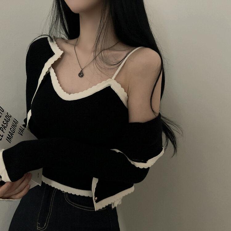 【SET着用可能】クロップキャミソール＋カーディガン BLACK