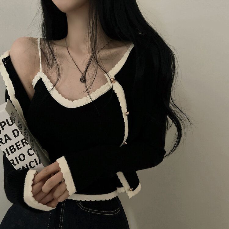 【SET着用可能】クロップキャミソール＋カーディガン BLACK