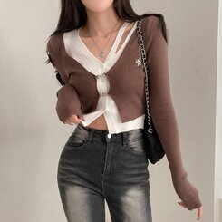 디테일 완성 일체형 리셋 레이어드 배색 버클 언발 트임 일체형 골지 크롭 니트 가디건 브라운