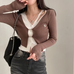 디테일 완성 일체형 리셋 레이어드 배색 버클 언발 트임 일체형 골지 크롭 니트 가디건 브라운