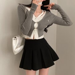 디테일 완성 일체형 리셋 레이어드 배색 버클 언발 트임 일체형 골지 크롭 니트 가디건 그레이