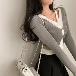 디테일 완성 일체형 리셋 레이어드 배색 버클 언발 트임 일체형 골지 크롭 니트 가디건 그레이