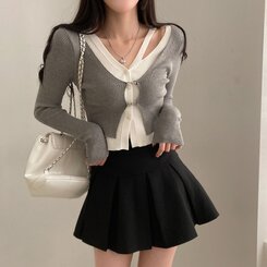 디테일 완성 일체형 리셋 레이어드 배색 버클 언발 트임 일체형 골지 크롭 니트 가디건 그레이