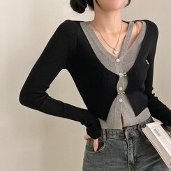 디테일 완성 일체형 리셋 레이어드 배색 버클 언발 트임 일체형 골지 크롭 니트 가디건 블랙