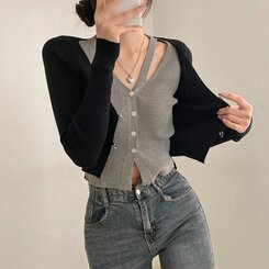 디테일 완성 일체형 리셋 레이어드 배색 버클 언발 트임 일체형 골지 크롭 니트 가디건 블랙