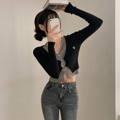 디테일 완성 일체형 리셋 레이어드 배색 버클 언발 트임 일체형 골지 크롭 니트 가디건 블랙