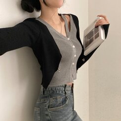 디테일 완성 일체형 리셋 레이어드 배색 버클 언발 트임 일체형 골지 크롭 니트 가디건 블랙