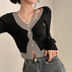 디테일 완성 일체형 리셋 레이어드 배색 버클 언발 트임 일체형 골지 크롭 니트 가디건 블랙