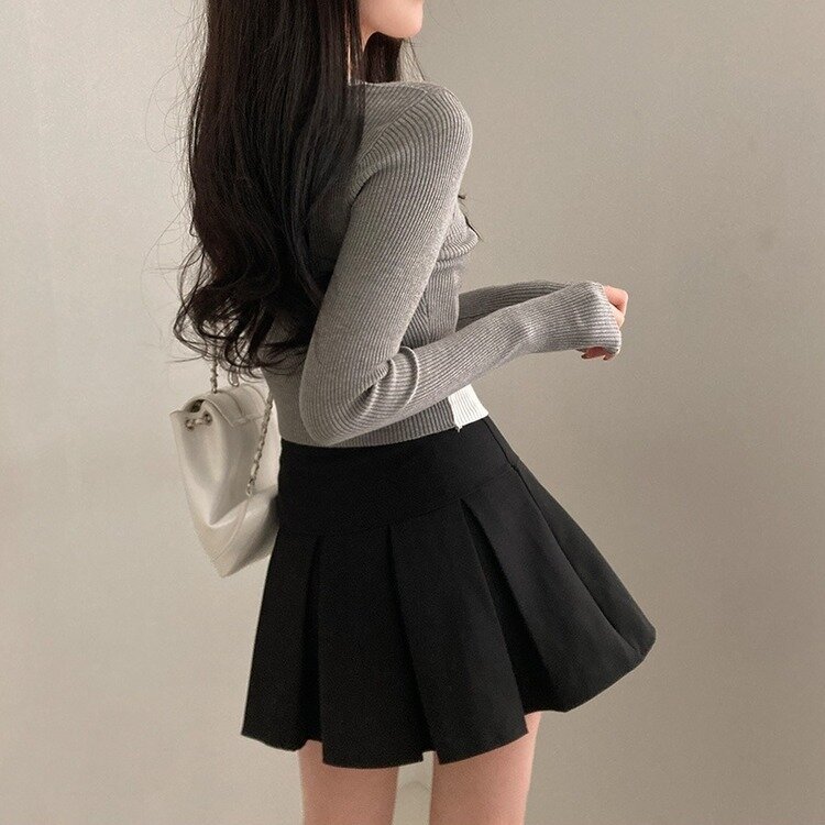 디테일 완성 일체형 리셋 레이어드 배색 버클 언발 트임 일체형 골지 크롭 니트 가디건 그레이