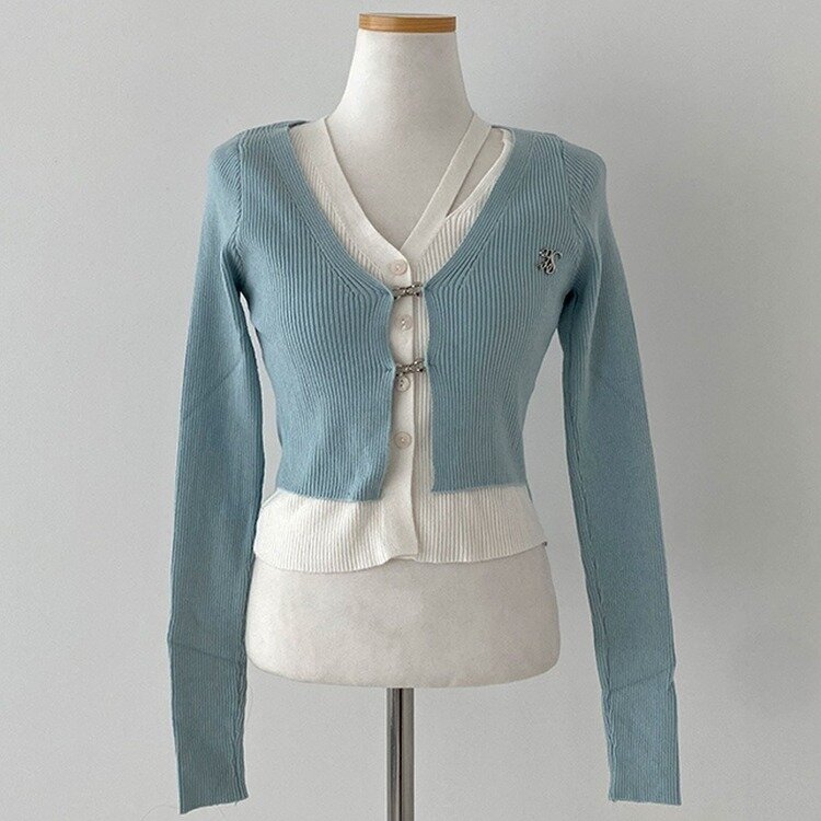 디테일 완성 일체형 리셋 레이어드 배색 버클 언발 트임 일체형 골지 크롭 니트 가디건