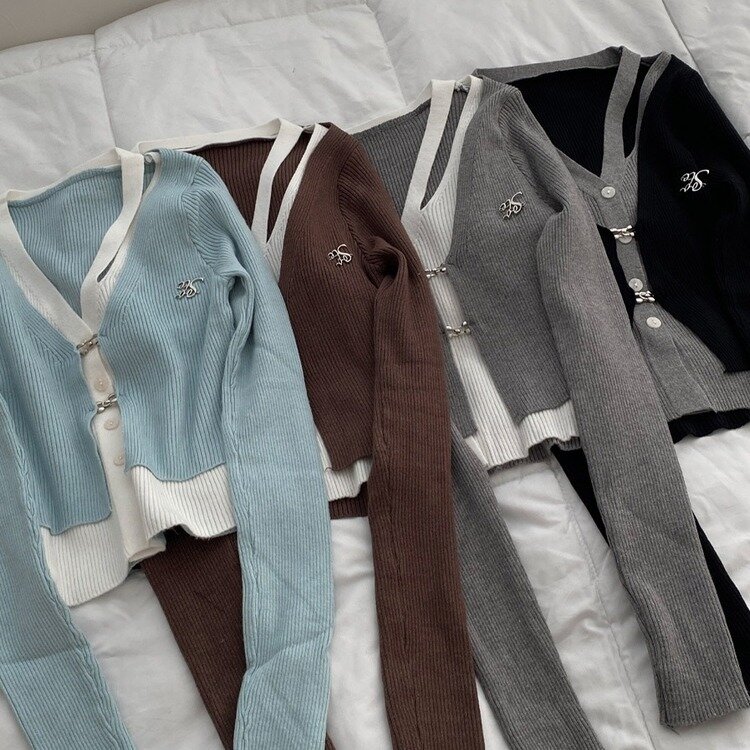 디테일 완성 일체형 리셋 레이어드 배색 버클 언발 트임 일체형 골지 크롭 니트 가디건