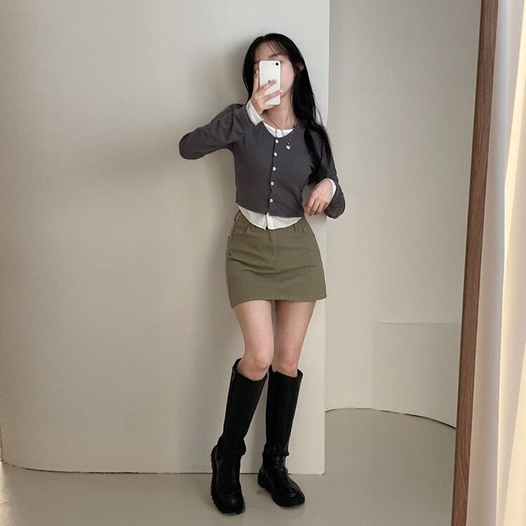 【SHORT/BASIC 丈別】デイリーコットンミニスカート5色 KHAKI