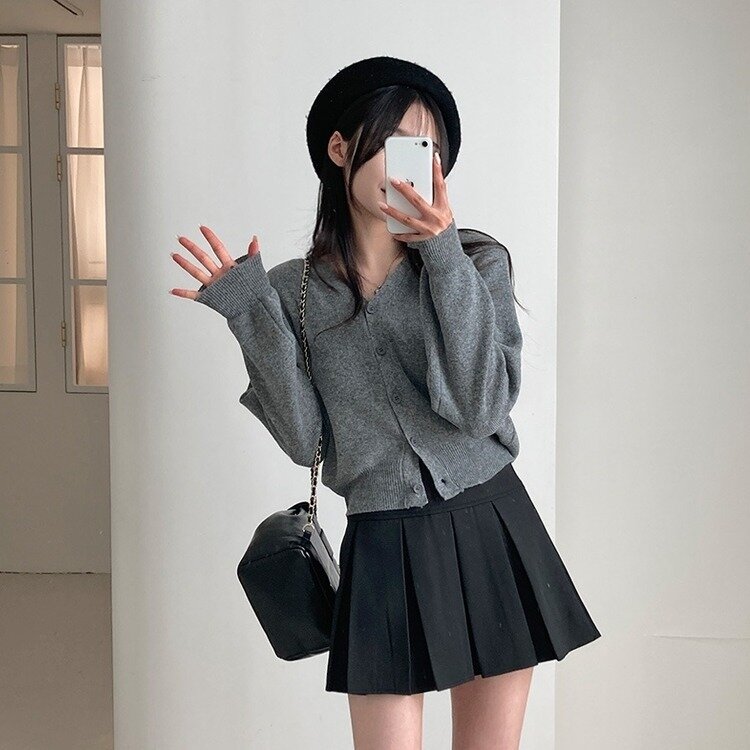 데일리 오오티디추천 브이넥 크롭 니트 가디건 그레이