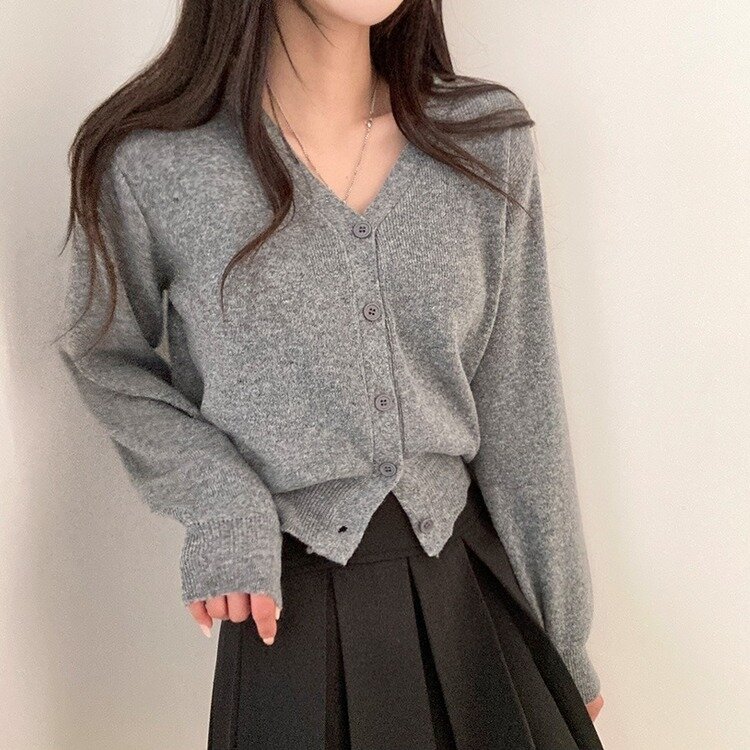 데일리 오오티디추천 브이넥 크롭 니트 가디건 그레이