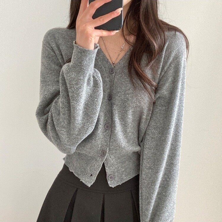 데일리 오오티디추천 브이넥 크롭 니트 가디건 그레이