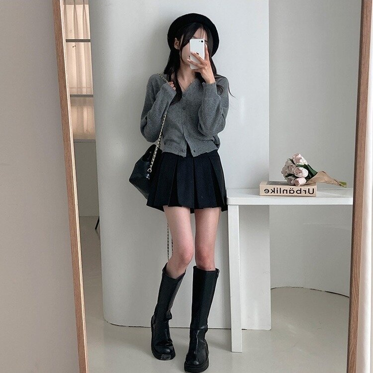 데일리 오오티디추천 브이넥 크롭 니트 가디건 그레이