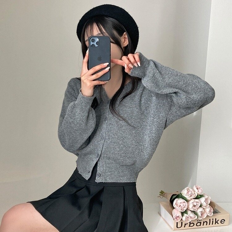 데일리 오오티디추천 브이넥 크롭 니트 가디건 그레이