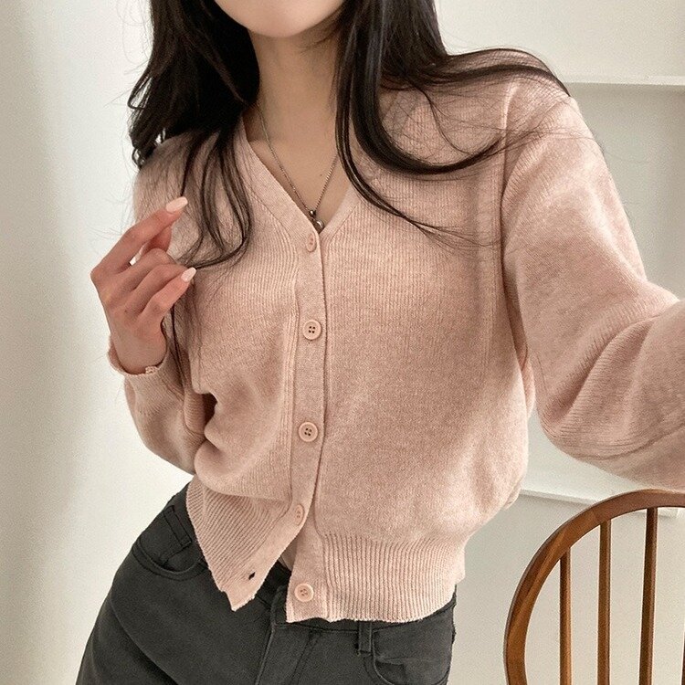 데일리 오오티디추천 브이넥 크롭 니트 가디건 인디핑크