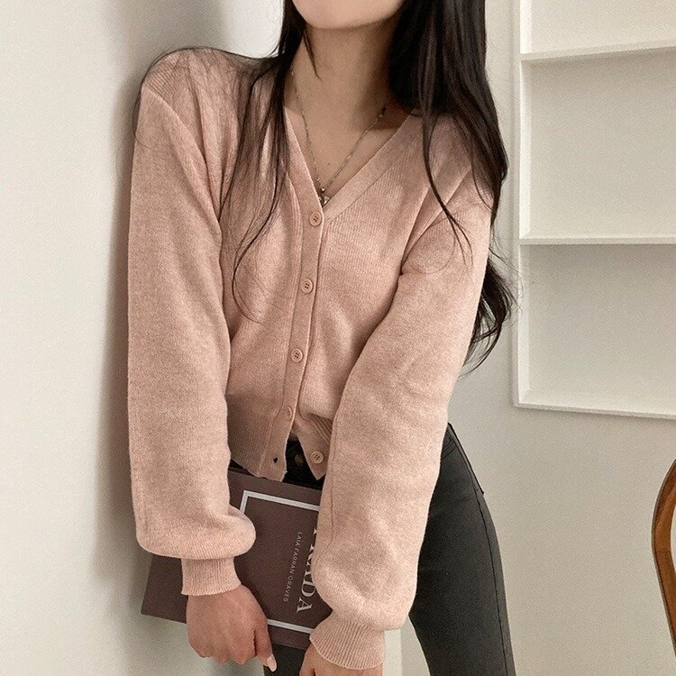 데일리 오오티디추천 브이넥 크롭 니트 가디건 인디핑크