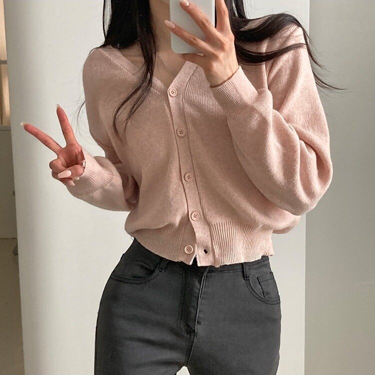 데일리 오오티디추천 브이넥 크롭 니트 가디건 인디핑크