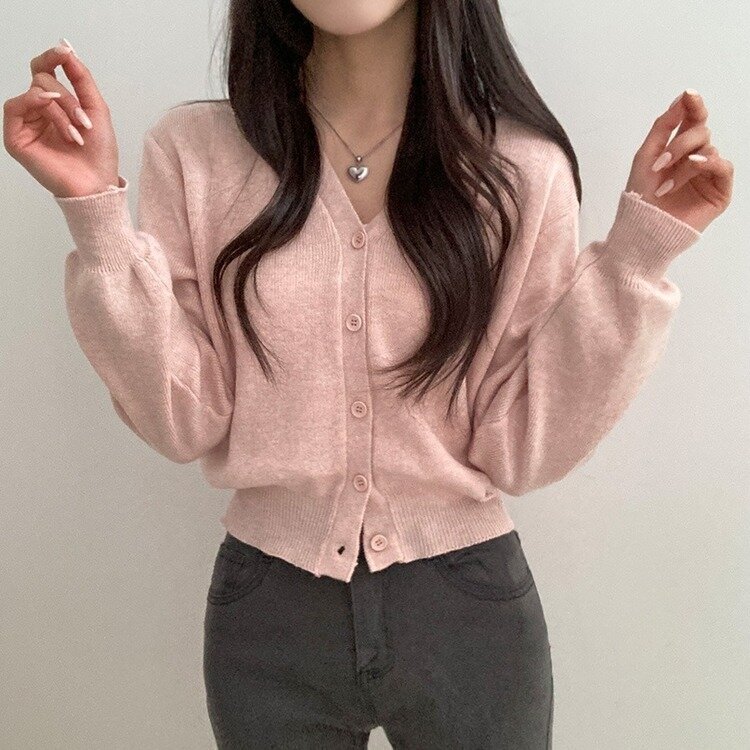 데일리 오오티디추천 브이넥 크롭 니트 가디건 인디핑크