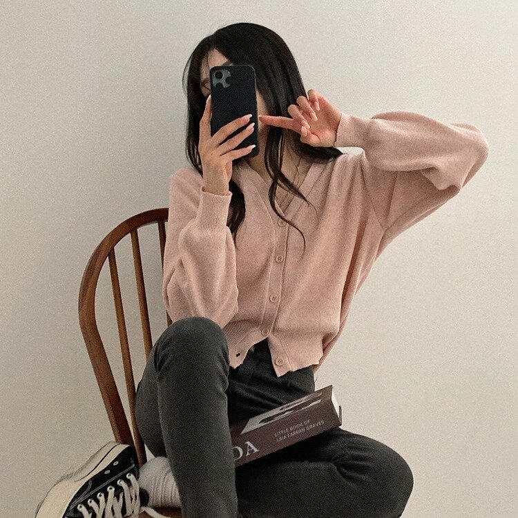 데일리 오오티디추천 브이넥 크롭 니트 가디건 인디핑크