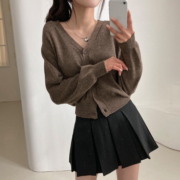 데일리 오오티디추천 브이넥 크롭 니트 가디건 브라운