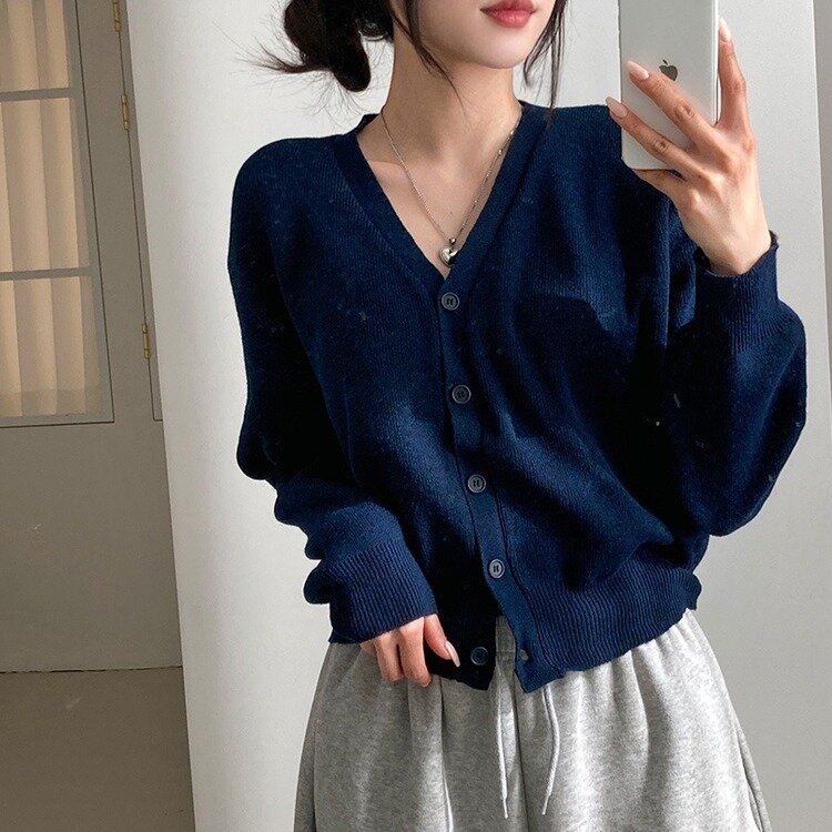 데일리 오오티디추천 브이넥 크롭 니트 가디건 네이비