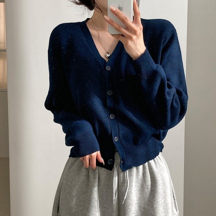 데일리 오오티디추천 브이넥 크롭 니트 가디건 네이비