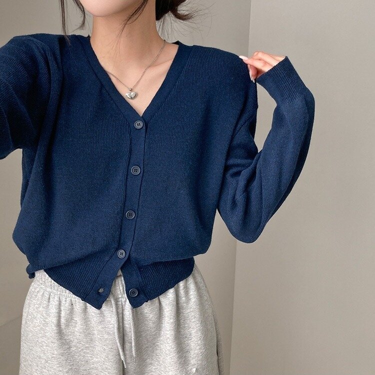 데일리 오오티디추천 브이넥 크롭 니트 가디건 네이비