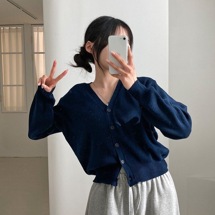 데일리 오오티디추천 브이넥 크롭 니트 가디건 네이비