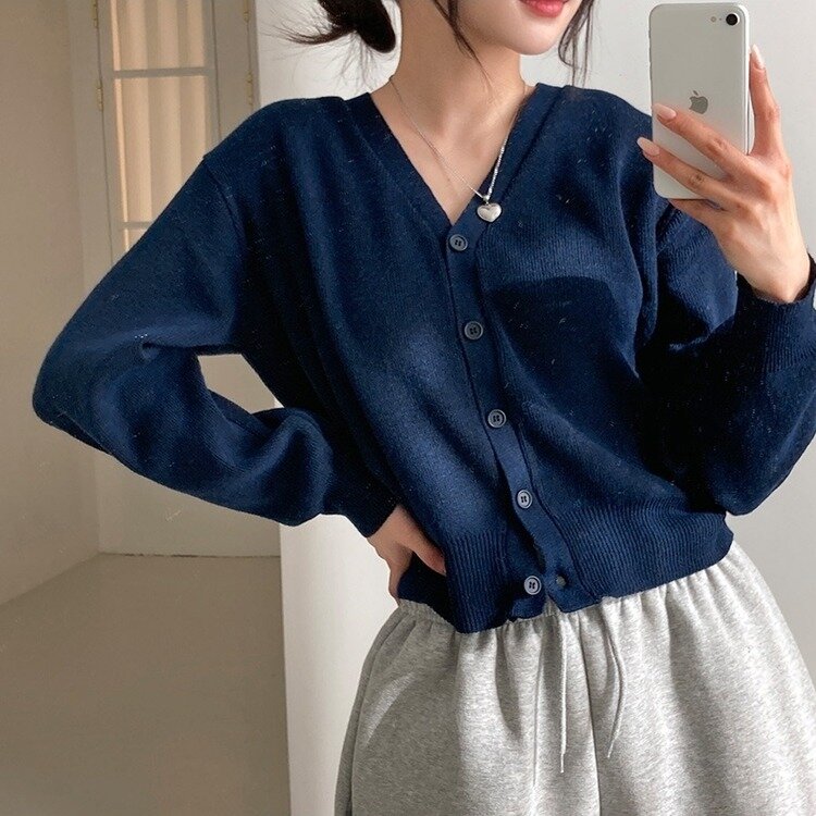 데일리 오오티디추천 브이넥 크롭 니트 가디건 네이비