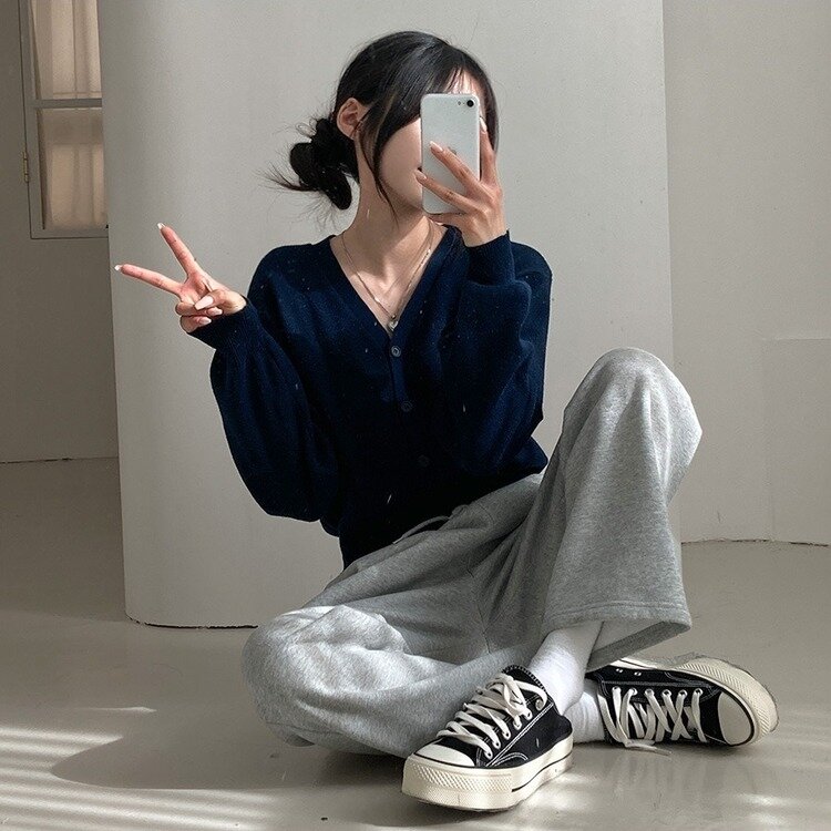 데일리 오오티디추천 브이넥 크롭 니트 가디건 네이비