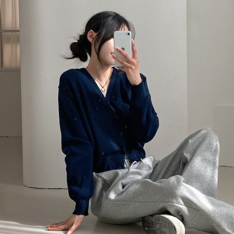 데일리 오오티디추천 브이넥 크롭 니트 가디건 네이비