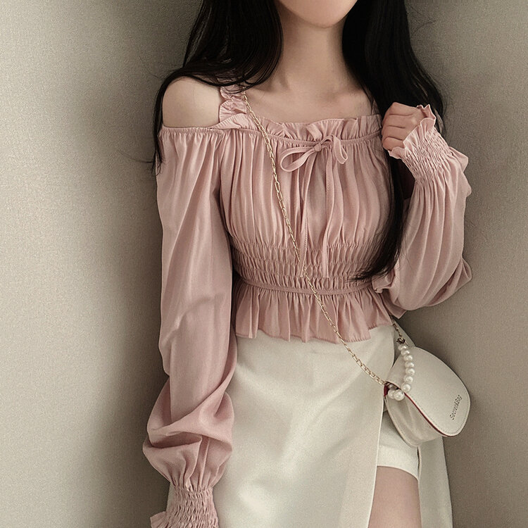 極美品 LOHEN 24SS タックヨーククロプッドブラウス フリル ギャザー シフォンフリルクロップギャザートップス｜ブラウス｜韓国ファッション