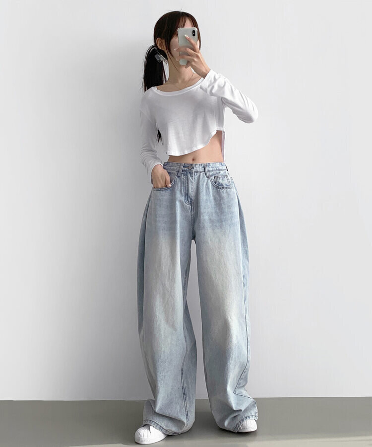 XL주름 옆핀턱 벌룬 와이드핏 통팬츠 연청