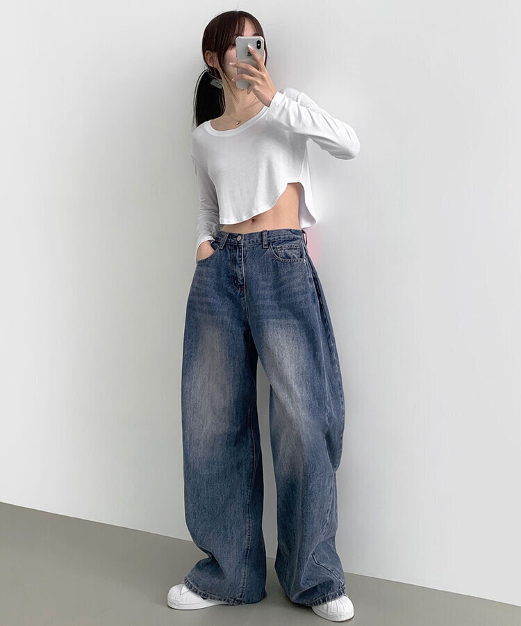 XL주름 옆핀턱 벌룬 와이드핏 통팬츠 중청