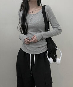 Uネックスリムフィット長袖Tシャツ12色 GRAY