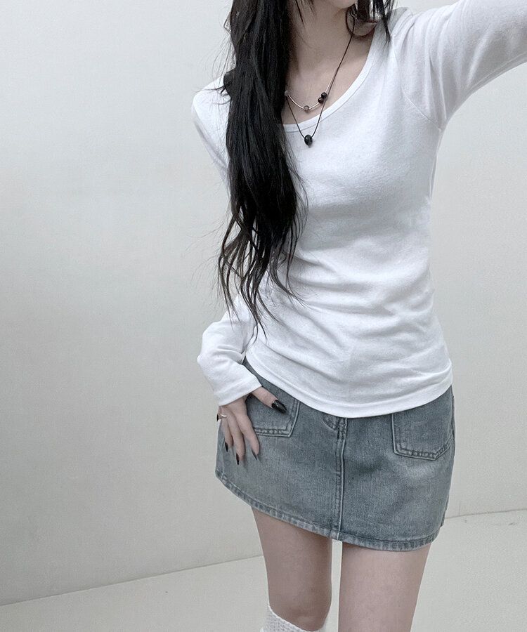 Uネックスリムフィット長袖Tシャツ12色 PURE IVORY